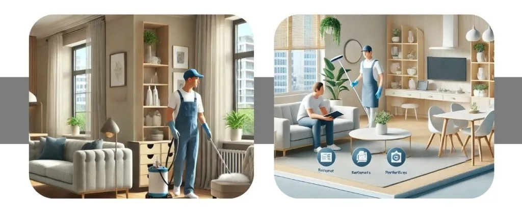 Cleaners working in a tidy, modern apartment with client supervision and satisfaction icons.