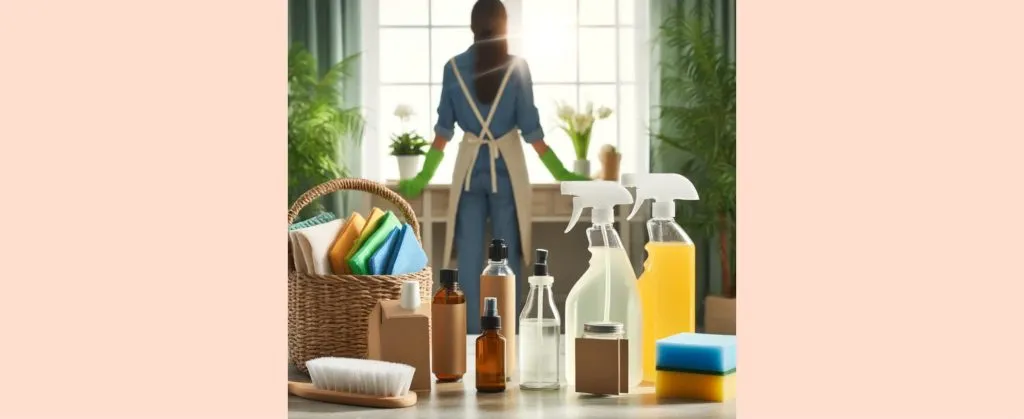Cleaner standing in front of a window with eco-friendly cleaning sprays and cloths on a table.