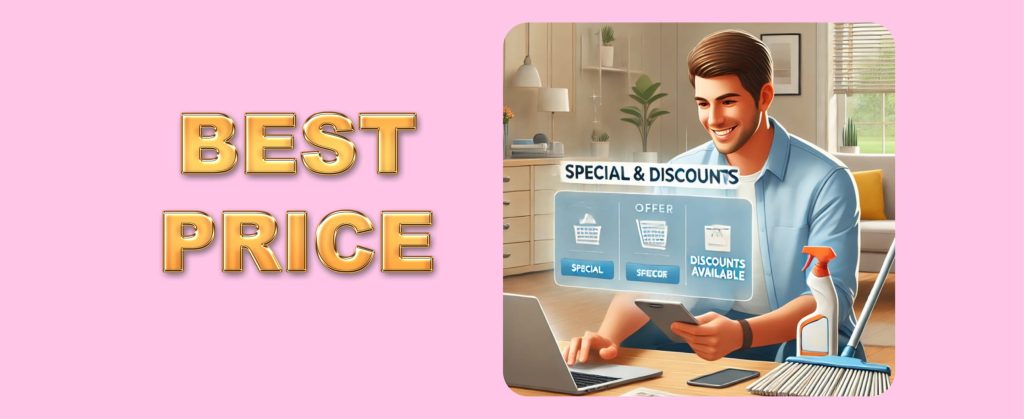 Happy customer exploring best price cleaning deals and discounts on a digital device.







