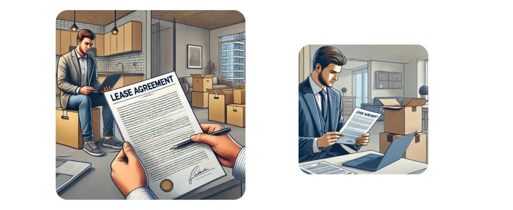  Man going through lease agreement paperwork surrounded by moving boxes.