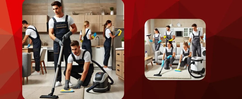 A team of professional cleaners working together on deep cleaning a modern living space