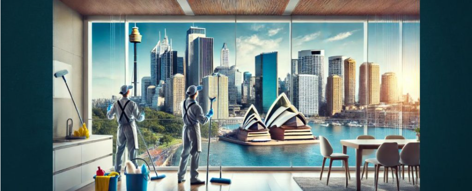 Professional cleaners wiping windows with a stunning view of Sydney Opera House and skyline.









