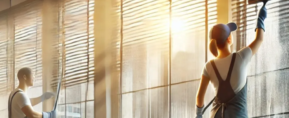 Two professional cleaners wiping large glass windows with sunlight streaming through.

