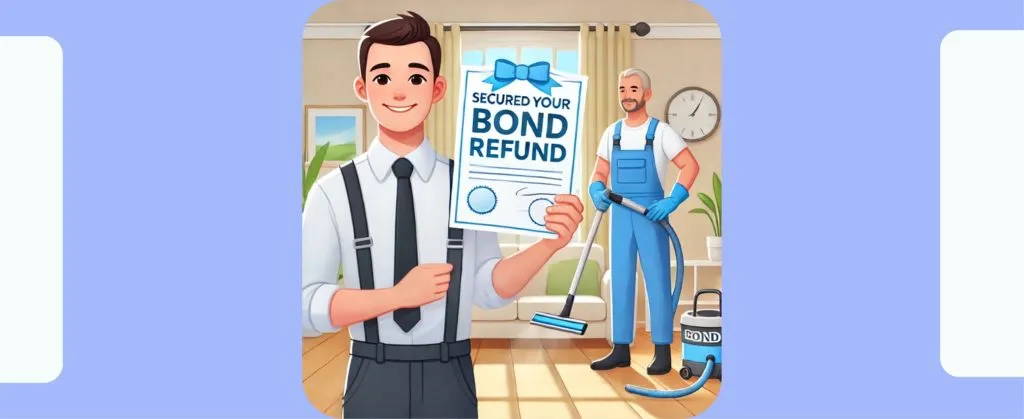 A man holding a "Secured Your Bond Refund" certificate with a cleaner in the background.