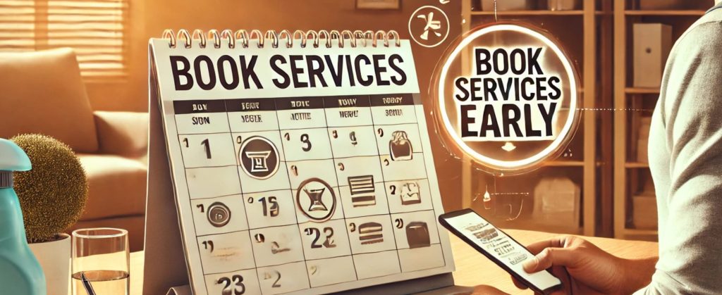  A desk calendar with a mobile phone reminder urging users to book cleaning services in advance.