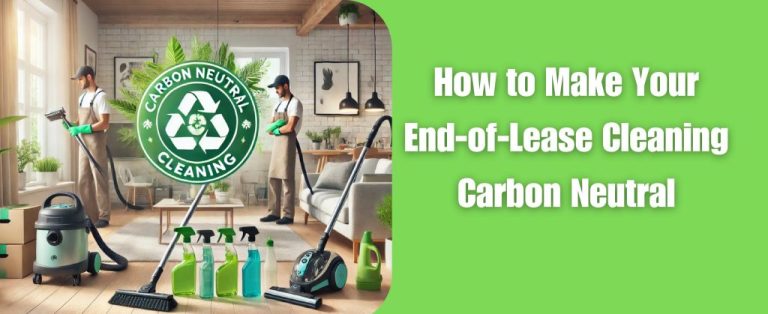 Cleaners working in a green-themed room with carbon neutral cleaning label and supplies displayed.