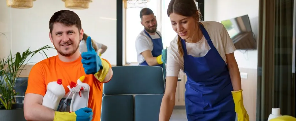 How to Handle Landlord Complaints About End of Lease Cleaning 3 A cheerful team of cleaners working in a room, with one man smiling and giving a thumbs up holding cleaning bottles.