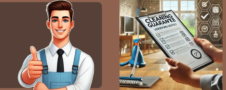 How to Spot Quality Cleaning Services for End of Lease Cleaning 2 A happy cleaner giving thumbs up beside a clipboard showing a cleaning guarantee checklist.