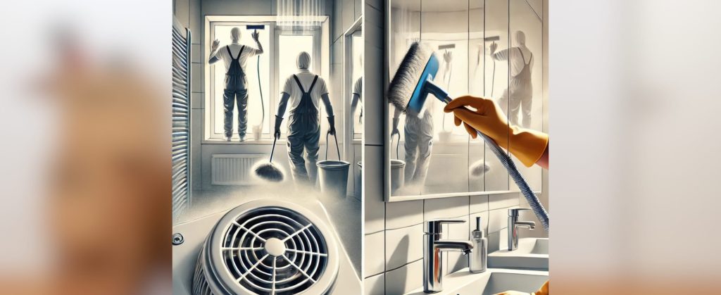 Key Areas Tenants Often Forget During End of Lease Cleaning 3 A person cleaning mirrors, vents, and windows inside a bathroom as part of a thorough end-of-lease clean.