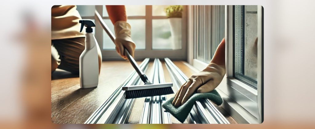 Key Areas Tenants Often Forget During End of Lease Cleaning 4 Close-up of hands scrubbing window tracks and using a brush and spray during end-of-lease cleaning.