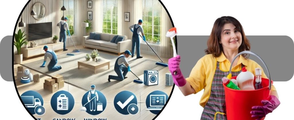 Multiple cleaners working in a living room with icons representing services like windows, carpet, and checklist.