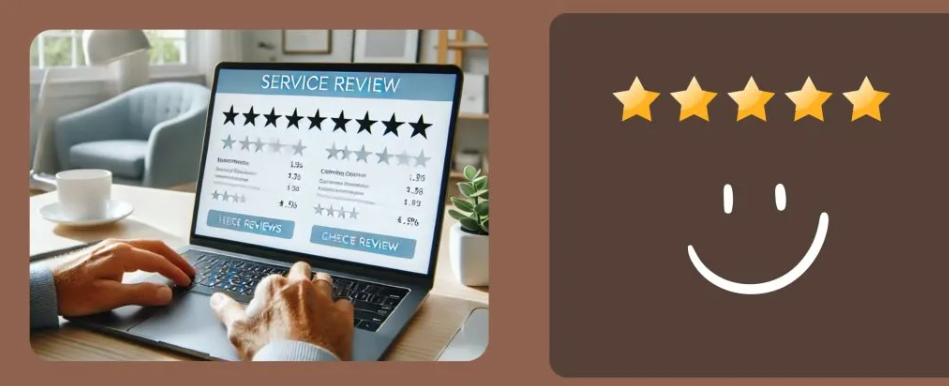 How to Spot Quality Cleaning Services for End of Lease Cleaning 1 A laptop showing customer reviews and ratings next to a smiley face with five stars.