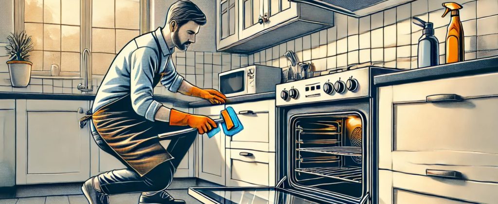  A professional cleaner scrubbing the inside of an oven in a bright, tidy kitchen.