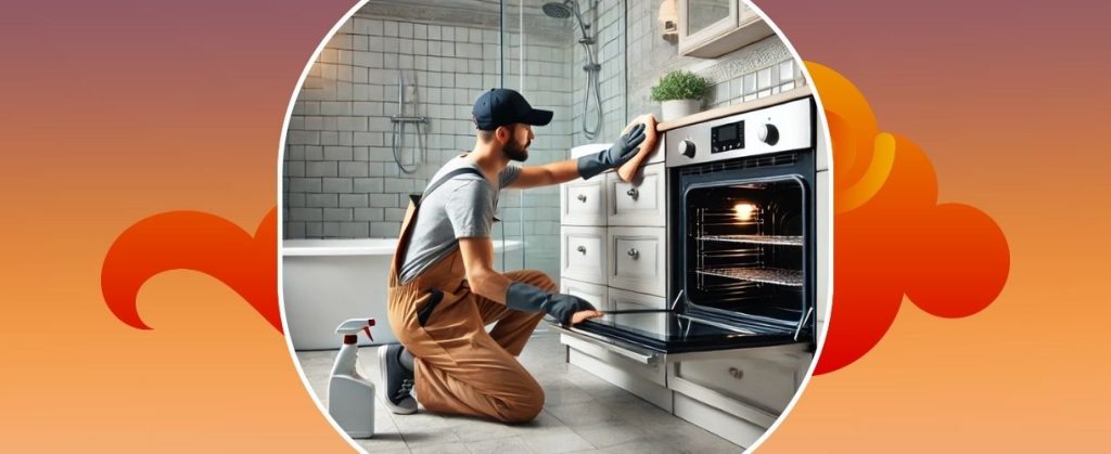 A cleaner in overalls thoroughly scrubbing a kitchen oven, ensuring it's spotless for end of lease inspection.