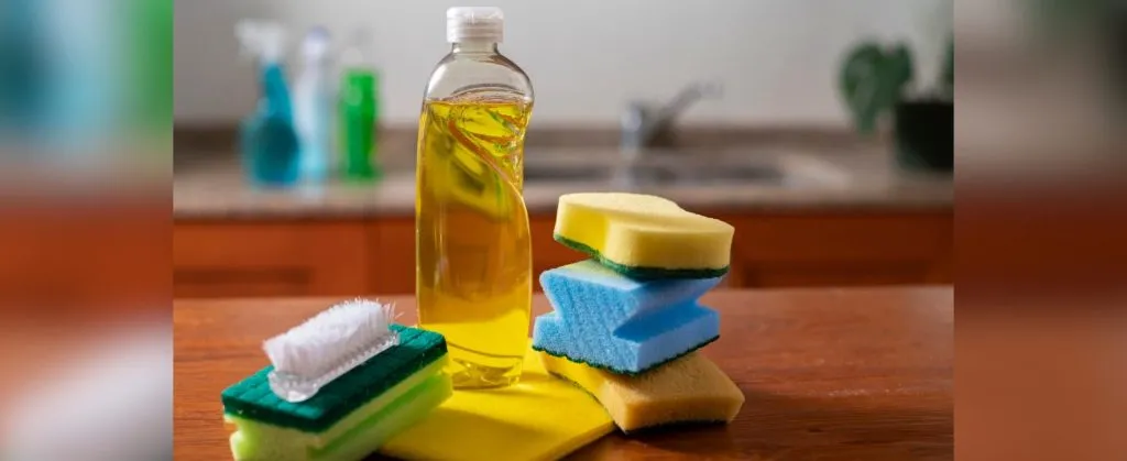 How to Handle Mold Issues During End of Lease Cleaning 3 A bottle of dish soap and a colorful stack of sponges placed on a kitchen bench with cleaning spray bottles blurred in the background.