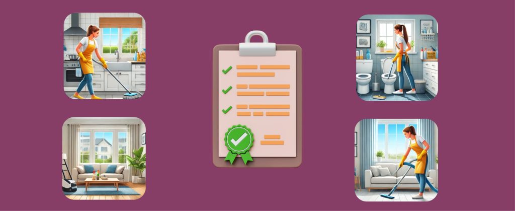  Illustrated cleaning checklist with different rooms being cleaned like kitchen, bathroom, and living room.

