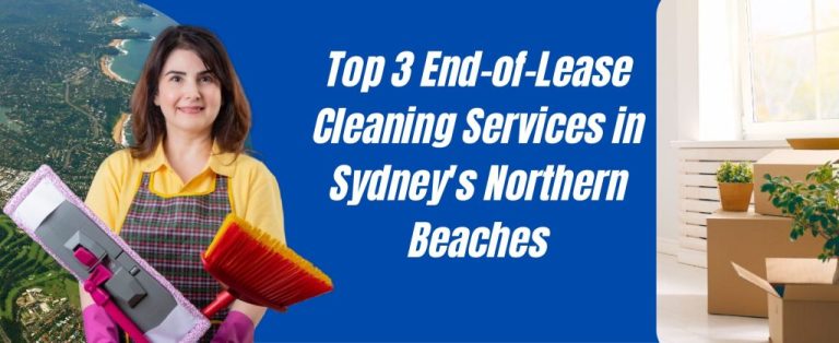 A woman holding cleaning tools with a scenic view of Sydney’s Northern Beaches in the background, next to a moving box.