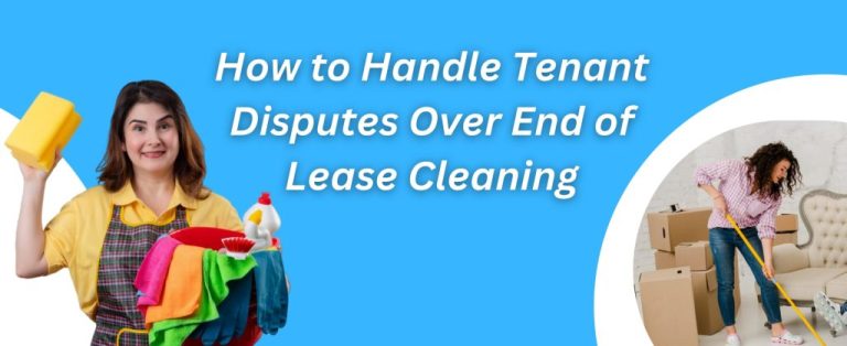 A cleaner holding colorful cloths with a tenant mopping in the background, representing conflict resolution during cleaning disputes.