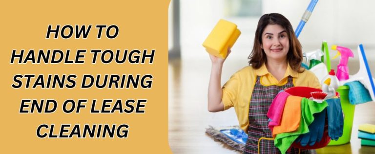 Smiling cleaner holding a sponge and a colorful basket of supplies, ready to tackle tough stains during end of lease cleaning.