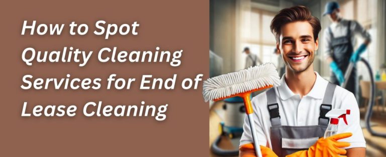 Smiling professional cleaner holding cleaning supplies with a team working in the background.