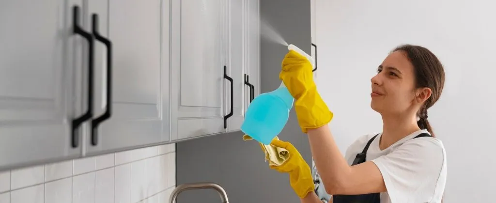 Suburb Guide: End of Lease Cleaning in Bondi 4 Woman spraying blue cleaning solution on kitchen cabinets while wearing yellow gloves.