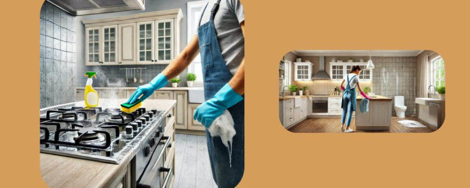 A cleaner scrubbing the stovetop with a sponge, wearing gloves and cleaning with a spray bottle.