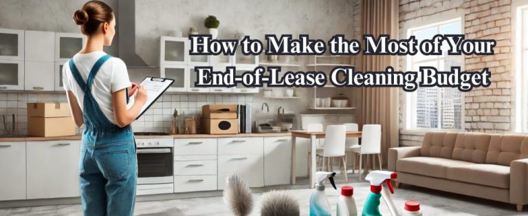 A woman with a clipboard reviewing supplies in a clean kitchen, managing cleaning within a budget.