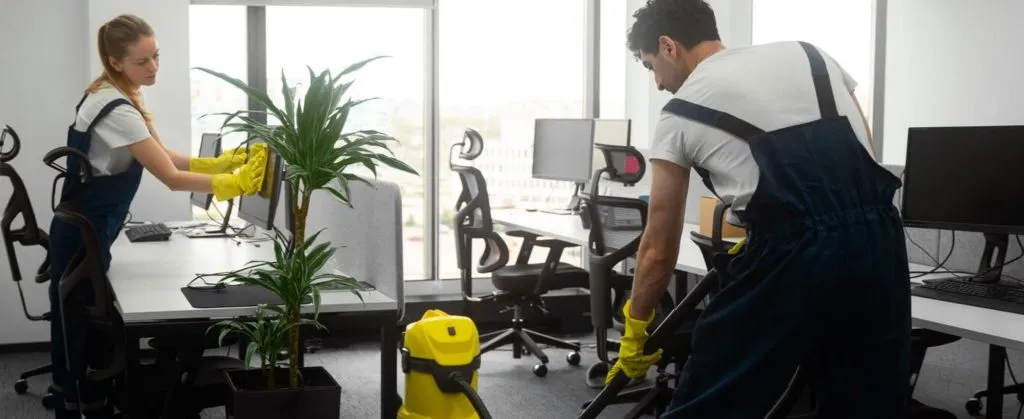 Two professional cleaners dusting and vacuuming inside a modern office environment with desks and computers.