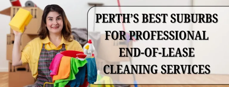 A woman with cleaning supplies in front of a moving box, highlighting Perth's best suburbs for cleaning.