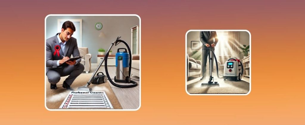 A cleaning technician kneeling beside carpet cleaning equipment, reviewing a checklist for professional service.