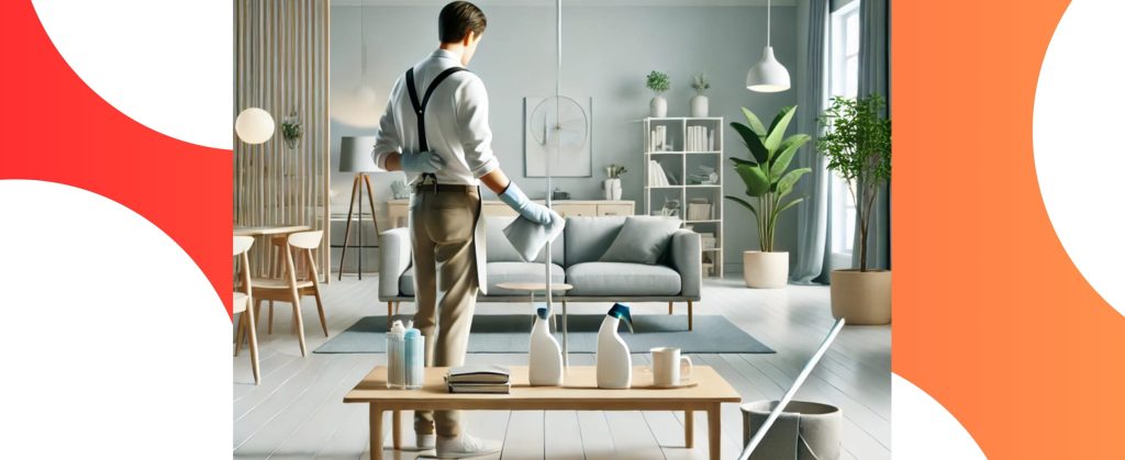  A man in uniform organizing supplies in a tidy living room ready for end of lease handover.