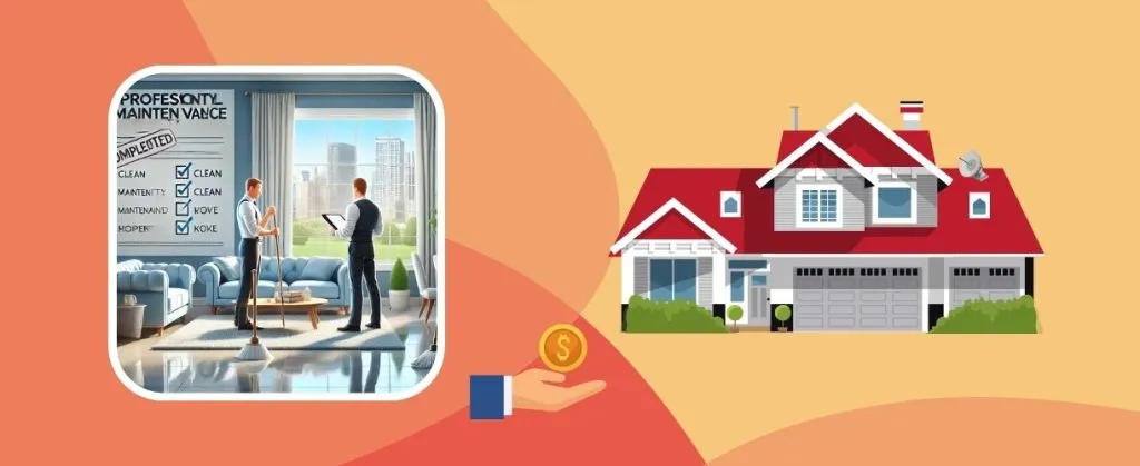 Agents inspecting a well maintained living space with a graphic showing property value benefits from cleaning.