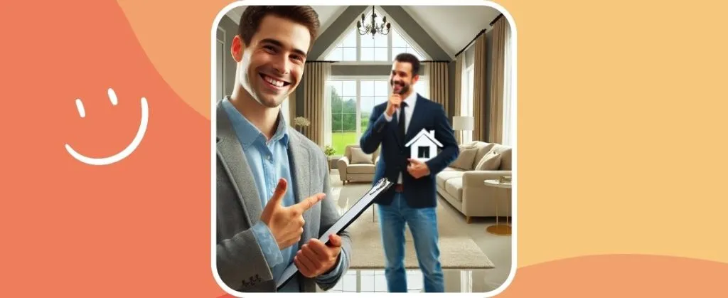 Smiling real estate agents inside a spotless living room, satisfied with end of lease cleaning results.