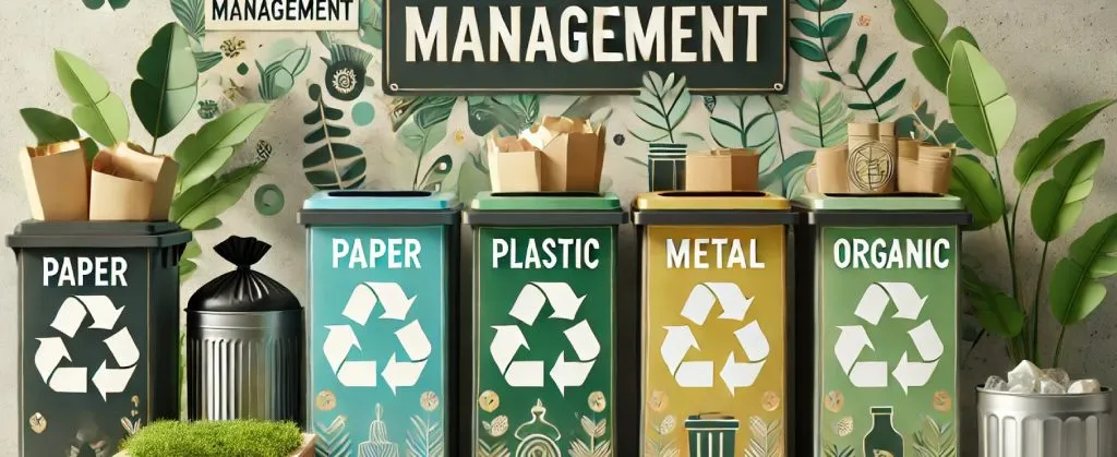  A row of labeled recycling bins for paper plastic metal and organic waste with eco-friendly decor.