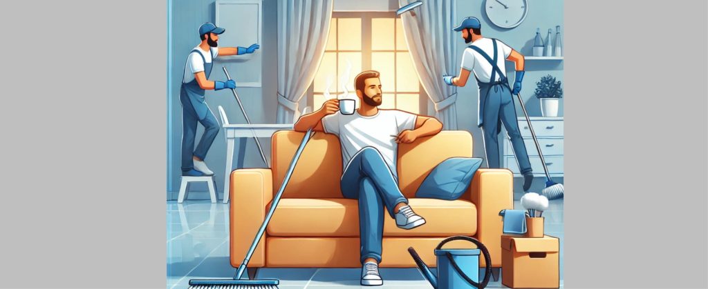A man enjoying coffee on the couch while professional cleaners tidy up his home.