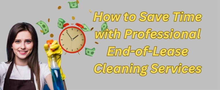 Smiling woman holding a spray bottle with floating clock and money graphics representing time savings.