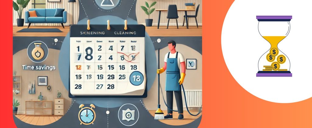 Illustrated calendar and hourglass visuals highlighting the benefits of scheduling end of lease cleaning for time and cost efficiency.