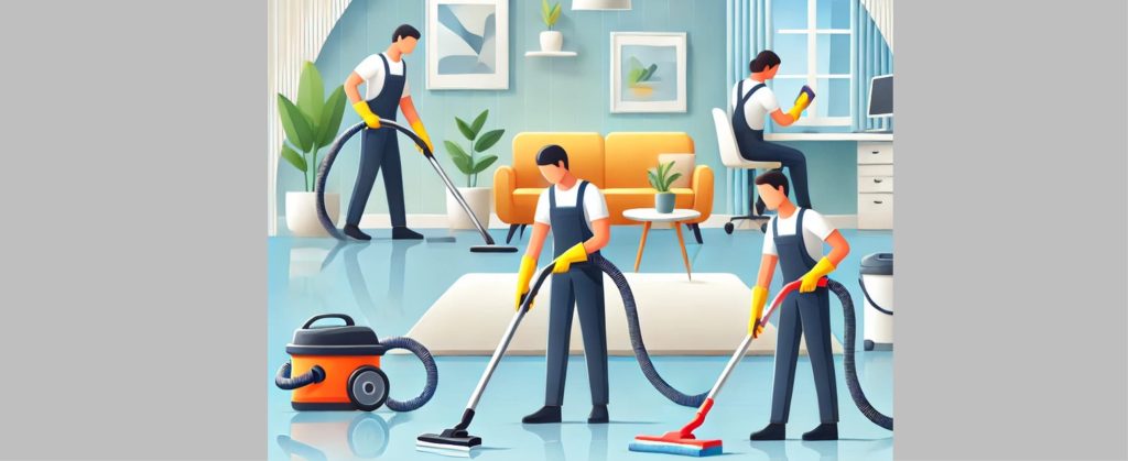 A team of uniformed cleaners vacuuming and wiping surfaces in a bright modern living space.