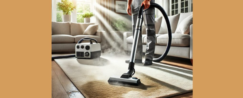A cleaner vacuuming the carpet in a living room with a steam cleaner.